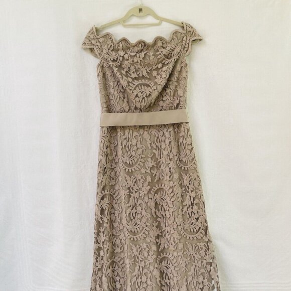 Tadashi Shoji Womens 6 Taupe Embroidered Lace Maxi Evening Dress Gown Party - Picture 4 of 16